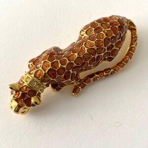 Vintage 80s Orange and Gold tone Leopard with rhinestone chocker Brooch Pin back